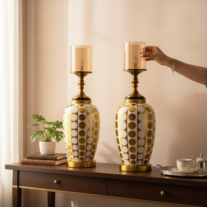 Luxury Gold Dotted Hurricane Candle Holders Set