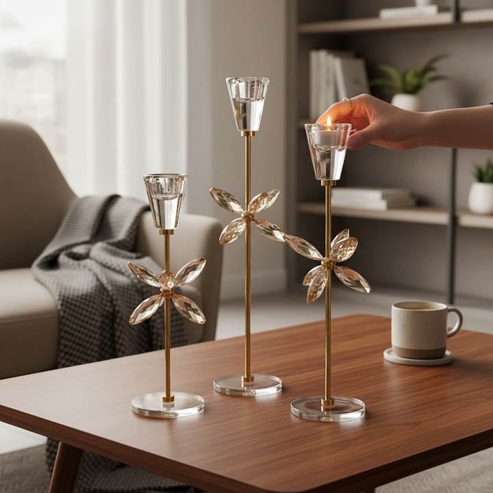 Radiant Lotus Crystal Candle Holder Set