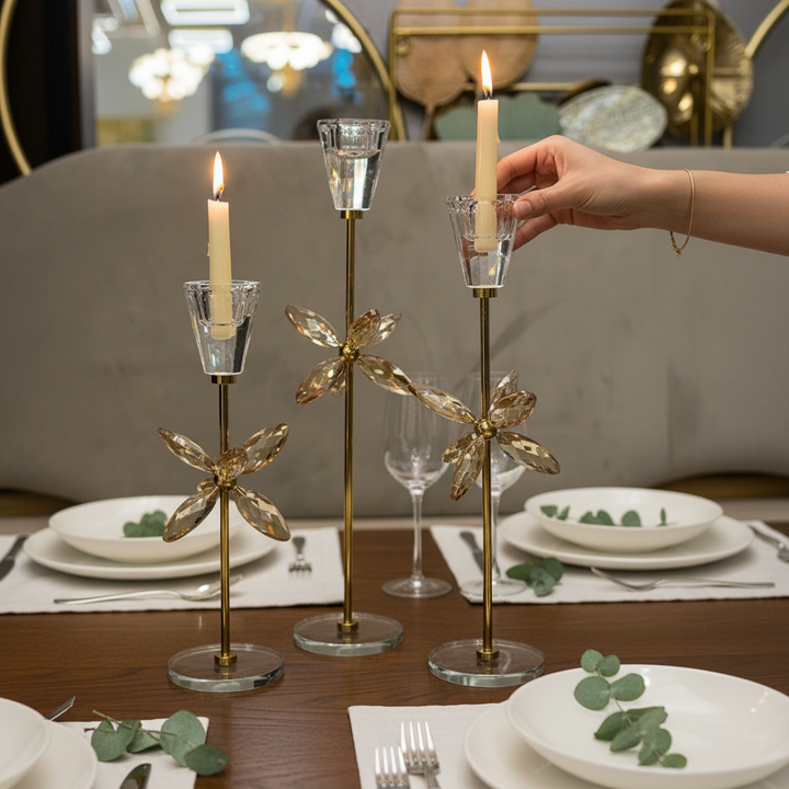 Radiant Lotus Crystal Candle Holder Set