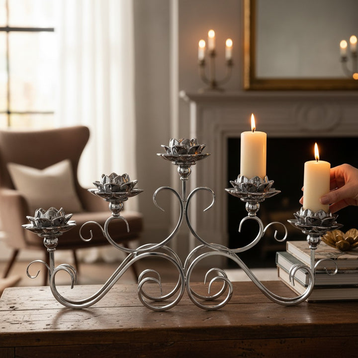 Vintage Floral Metal Candle Holder - Silver (5in1)