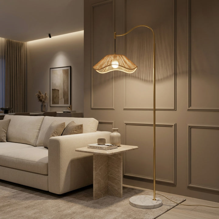Luxury Gold Arc Floor Lamp with Woven Shade