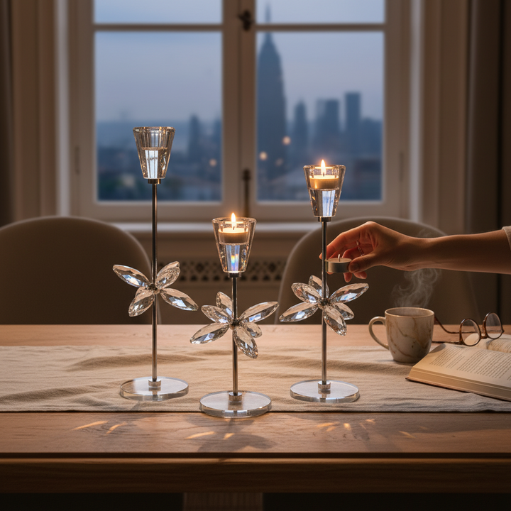 Crystal Bloom Lotus Candle Stand Set