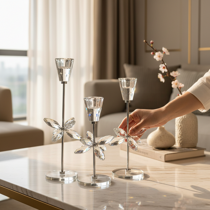 Crystal Bloom Lotus Candle Stand Set