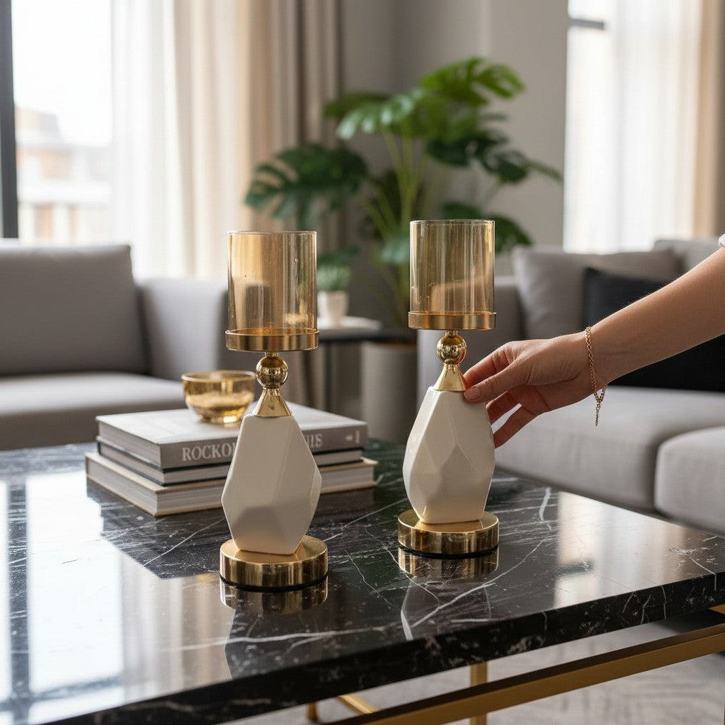Modern Geometric Ceramic Candle Holders Set
