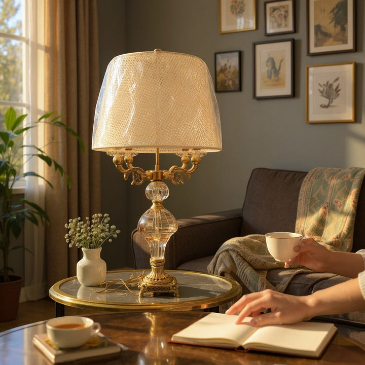 Vintage Crystal Gold Triple-Light Table Lamp
