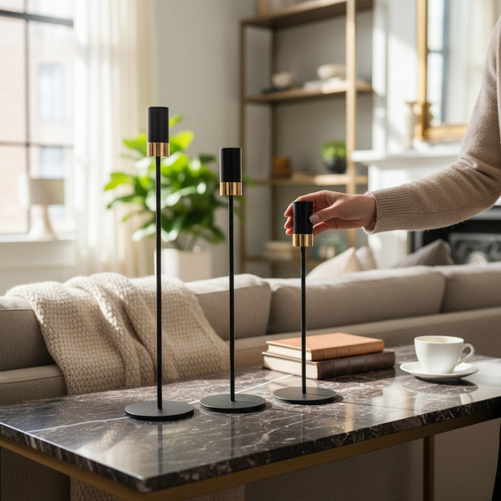 Modern Metallic Black Candle Holder Set