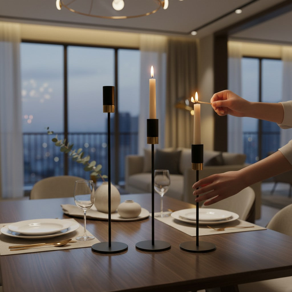 Modern Metallic Black Candle Holder Set