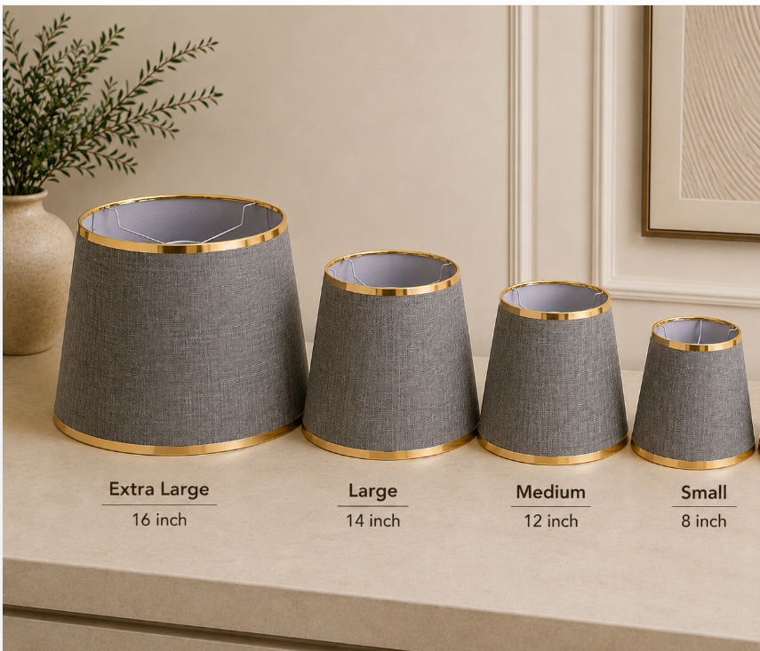 Grey Textured Fabric Lampshade pair with Gold Trim