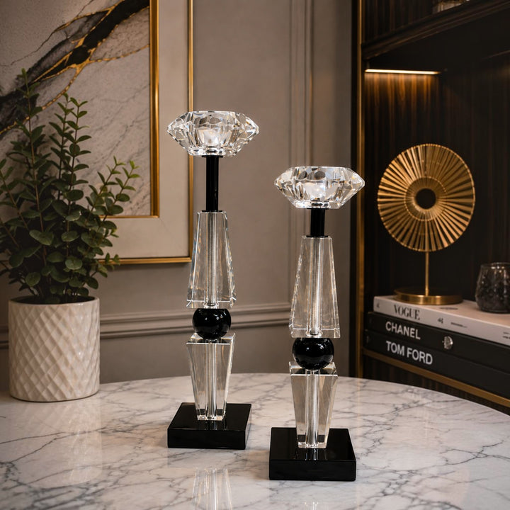 Luxe Crystal Black Sphere Candle Holders (Pair)