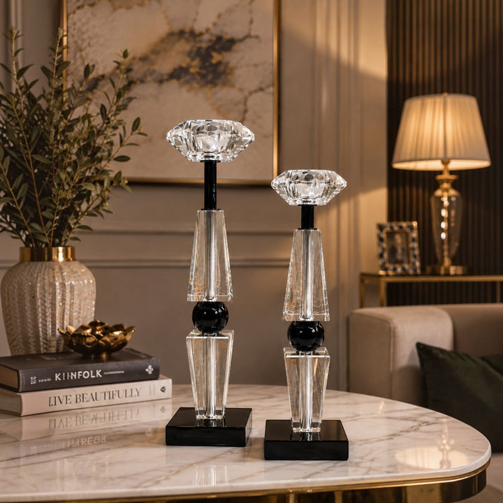 Luxe Crystal Black Sphere Candle Holders (Pair)