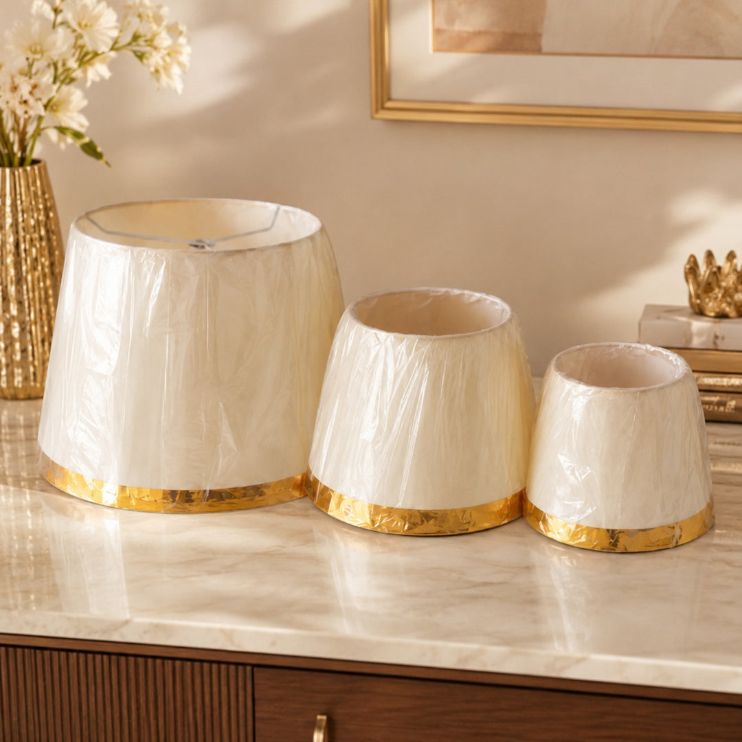 Off White Fabric Lampshade Pair with Gold Trim