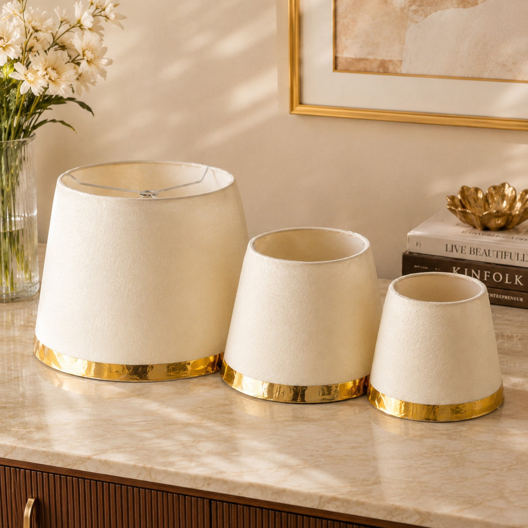 Off White Fabric Lampshade Pair with Gold Trim