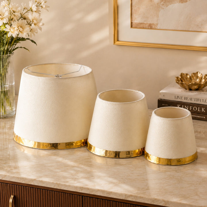 Off White Fabric Lampshade Pair with Gold Trim