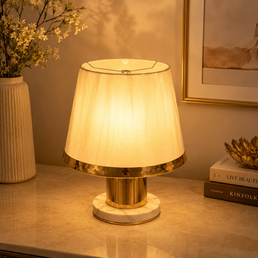 Off White Fabric Lampshade Pair with Gold Trim