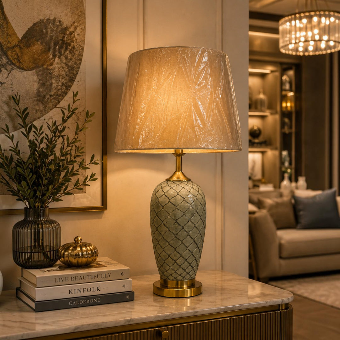 Olive Green Lattice Ceramic Table Lamp
