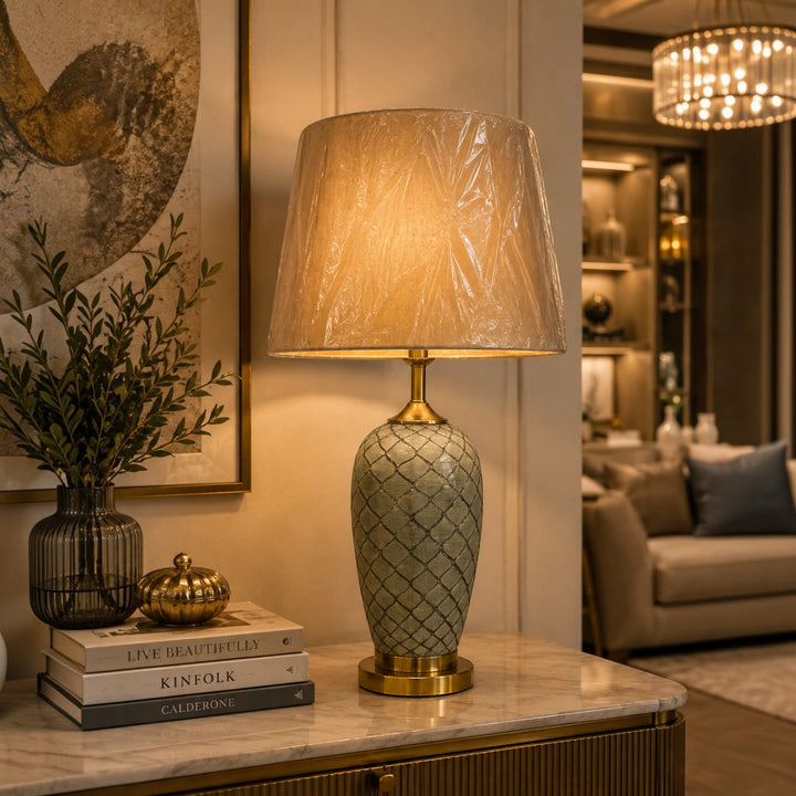 Olive Green Lattice Ceramic Table Lamp
