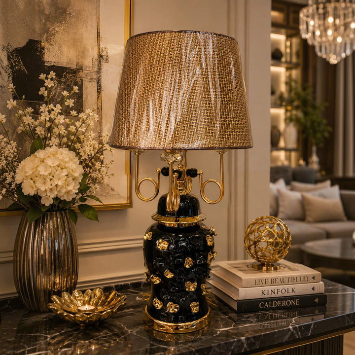 Retro Luxe Black-Gold Porcelain Table Lamp