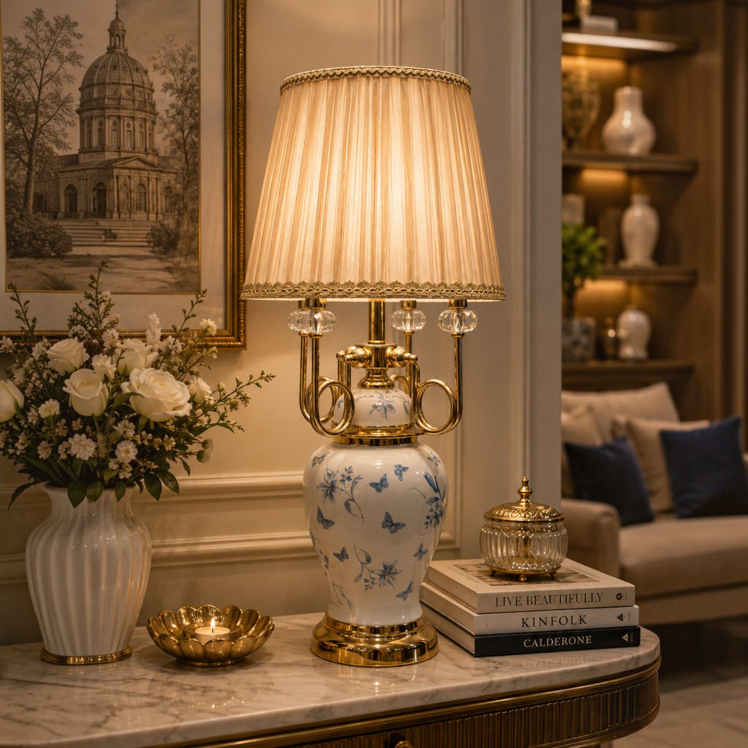 Elegant White-Gold Floral Pattern Table Lamp