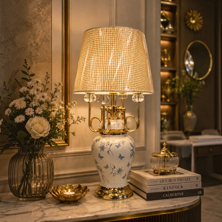 Elegant White-Gold Floral Pattern Table Lamp
