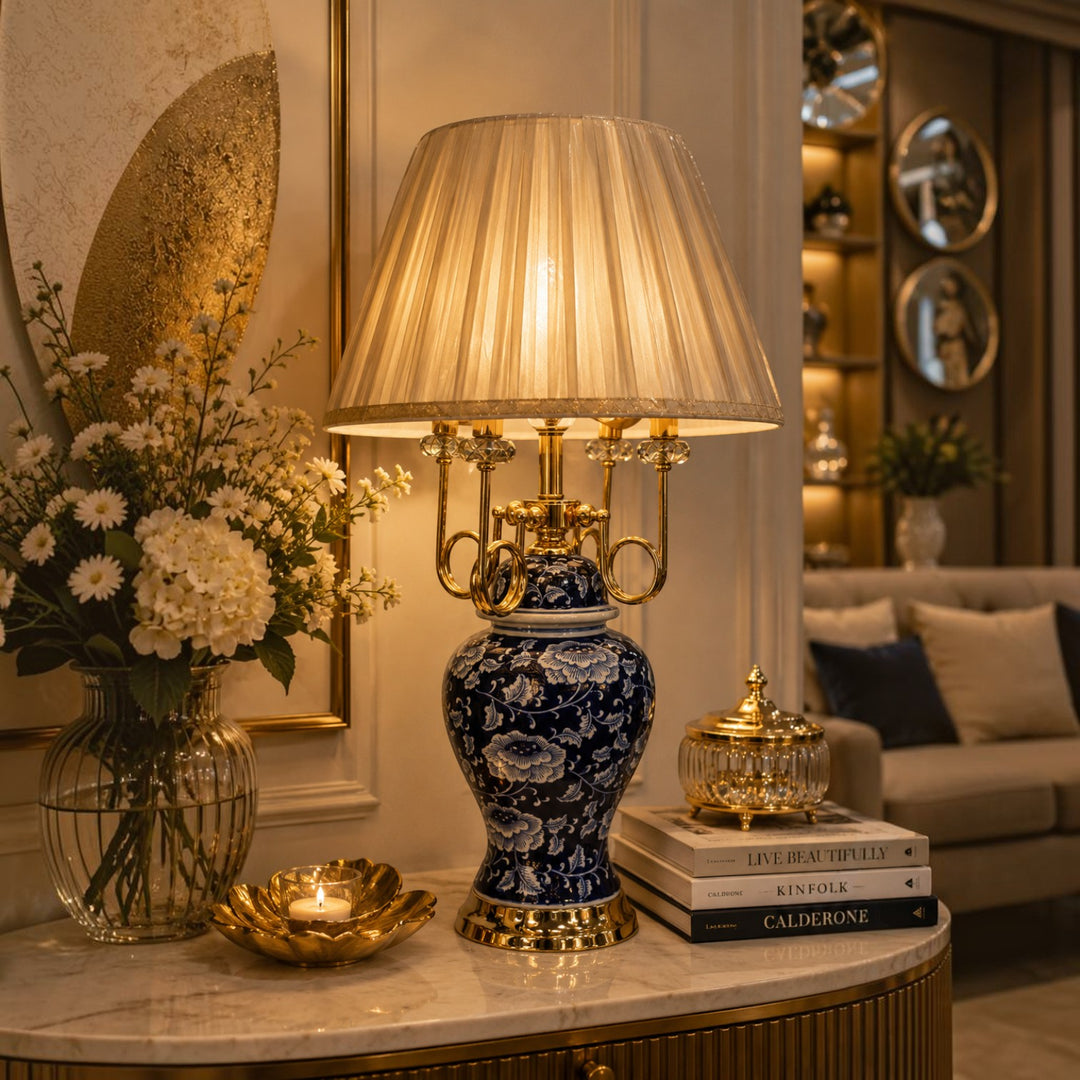 Royal Blue Floral Pottery Porcelain Table Lamp
