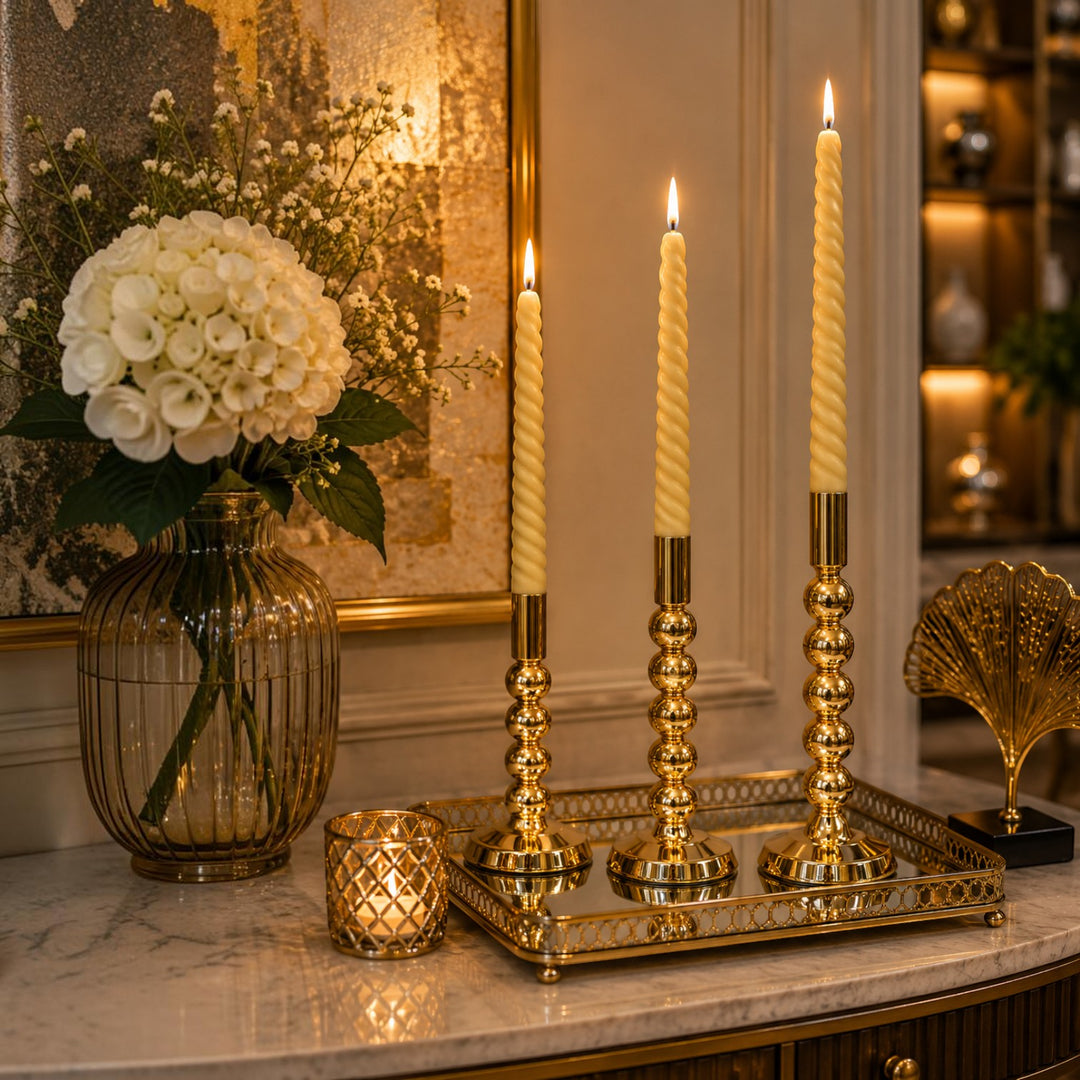 Gold Beaded Taper Candle Holders (Set of 3)