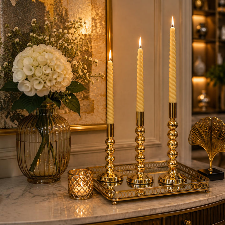 Gold Beaded Taper Candle Holders (Set of 3)
