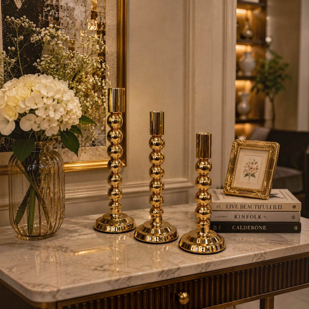 Gold Beaded Taper Candle Holders (Set of 3)
