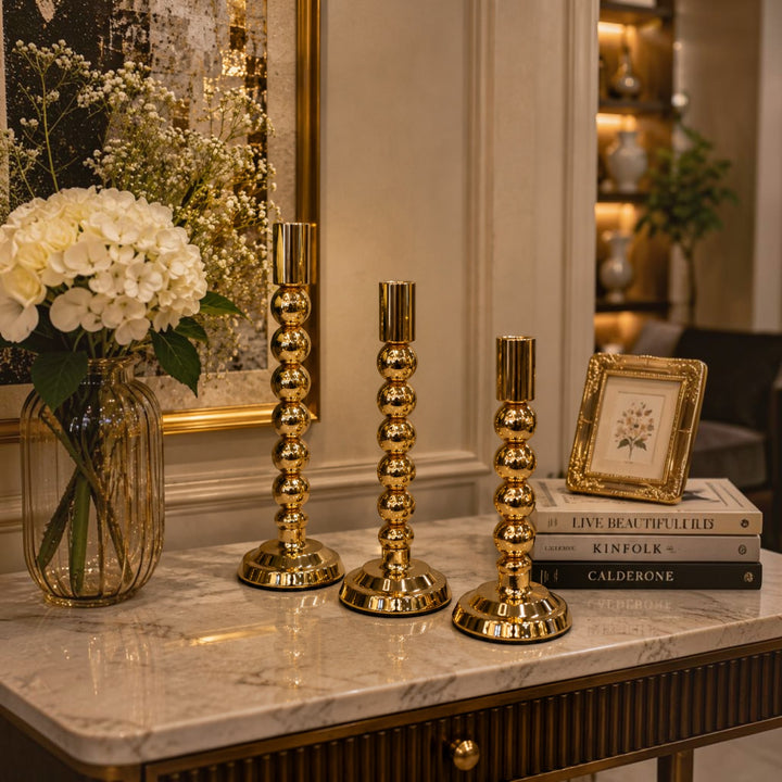Gold Beaded Taper Candle Holders (Set of 3)