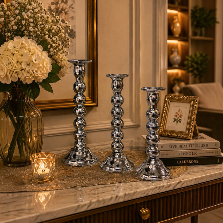 Silver Beaded Taper Candle Holders (Set of 3)