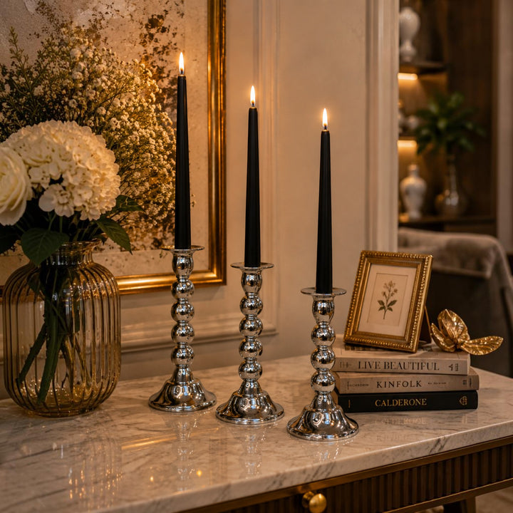 Silver Beaded Taper Candle Holders (Set of 3)