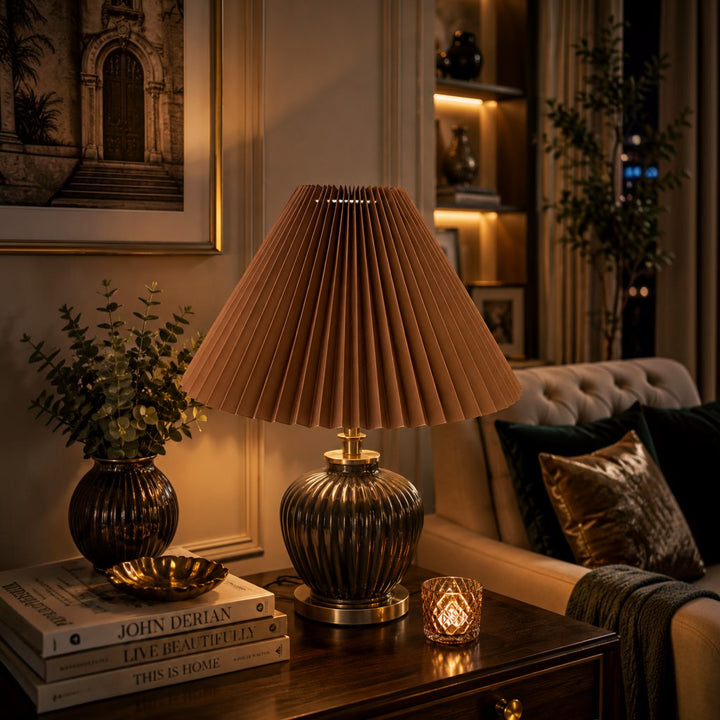 Dark Brown Pleated Lampshade Pair