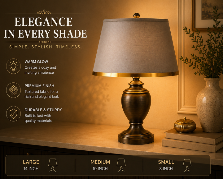 Grey Fabric Lampshade pair with Gold Trim