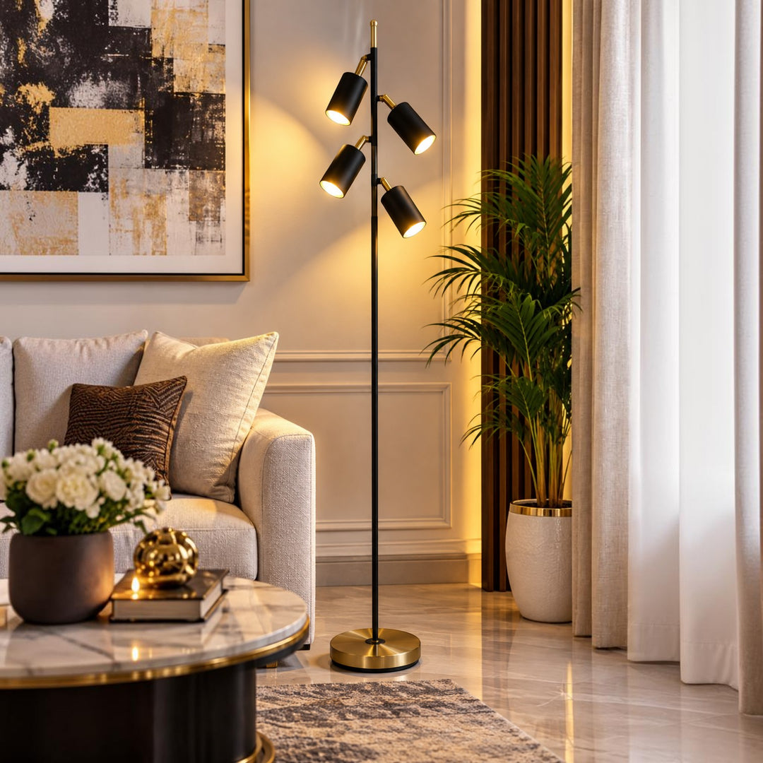 Modern 4-Light Black & Gold Floor Lamp