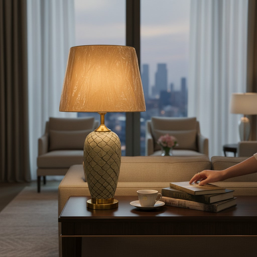Olive Green Lattice Ceramic Table Lamp