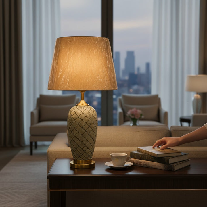Olive Green Lattice Ceramic Table Lamp