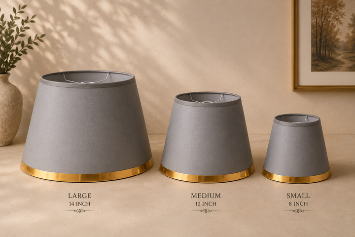Grey Fabric Lampshade pair with Gold Trim