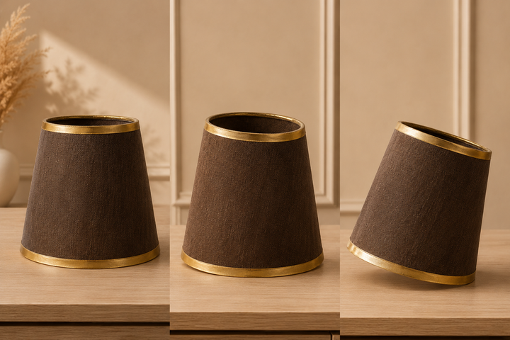 Brown Linen Fabric Lampshade pair with Gold Trim