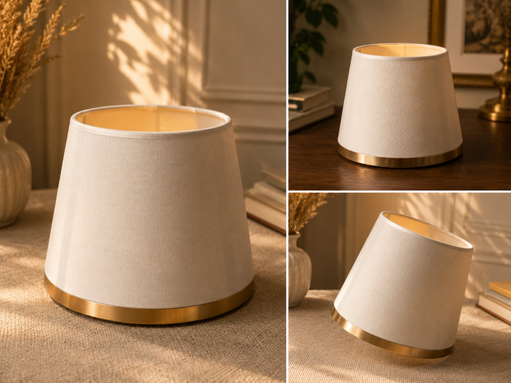 White Fabric Lampshade Pair with Gold Trim