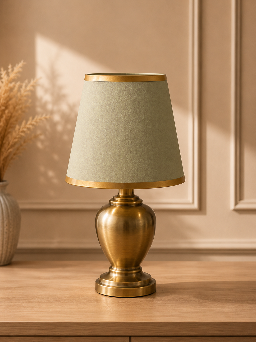 Off White Fabric Lampshade Pair with Gold Trim