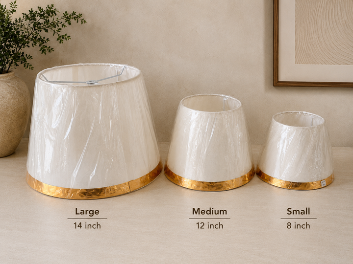 White Fabric Lampshade Pair with Gold Trim