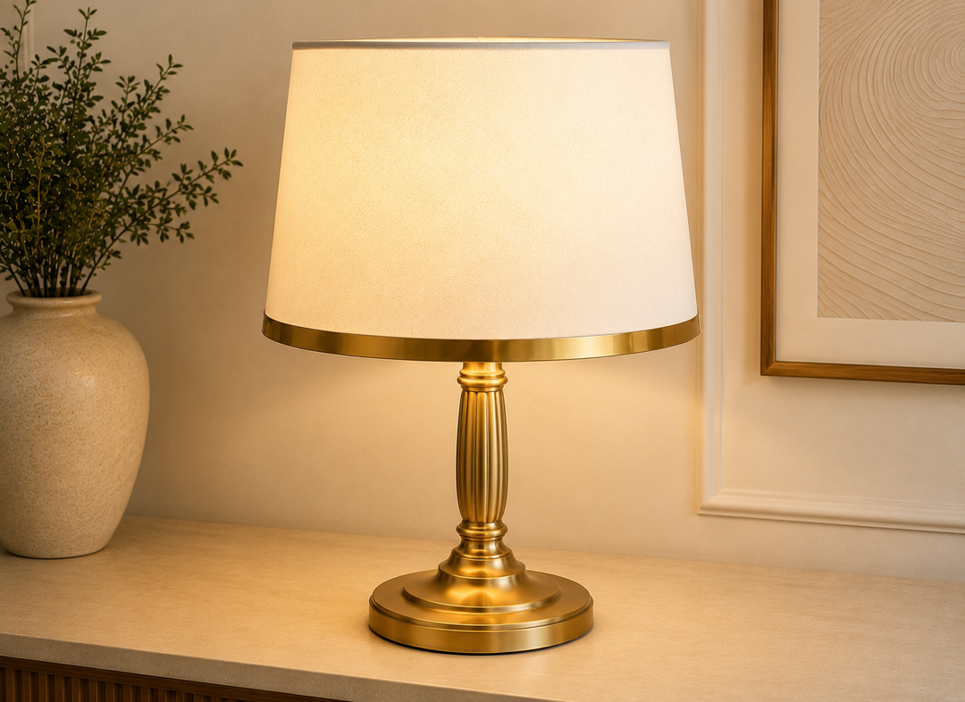 White Fabric Lampshade Pair with Gold Trim