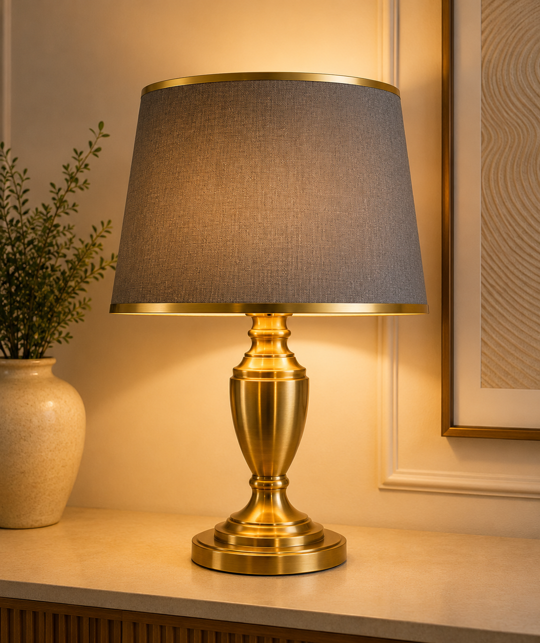 Grey Textured Fabric Lampshade pair with Gold Trim