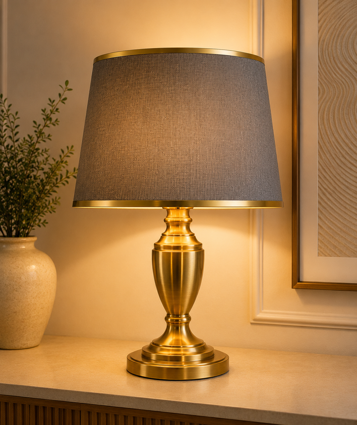 Grey Textured Fabric Lampshade pair with Gold Trim