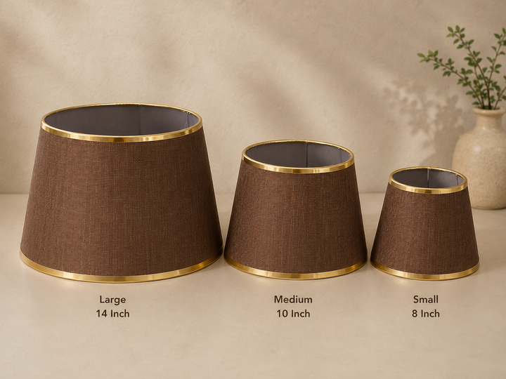 Brown Linen Fabric Lampshade pair with Gold Trim