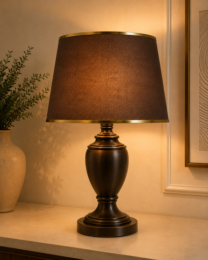 Brown Linen Fabric Lampshade pair with Gold Trim