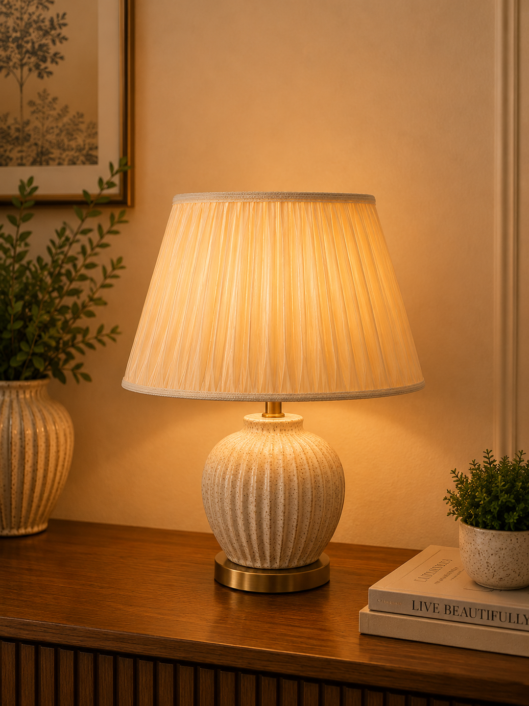 Pleated beige Fabric Lampshade Pair