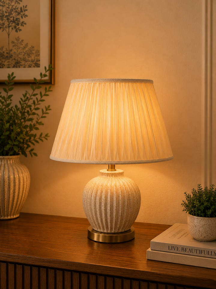 Pleated beige Fabric Lampshade Pair