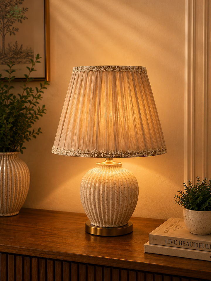 Pleated Taupe Fabric Lampshade Pair