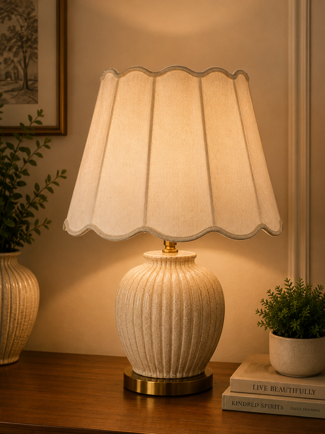 Cream Scalloped Fabric Lampshade Pair