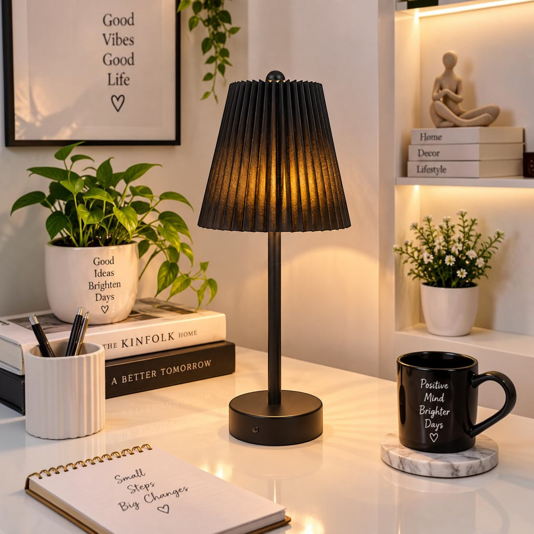 Modern Black Pleated LED Table Lamp (Pair)